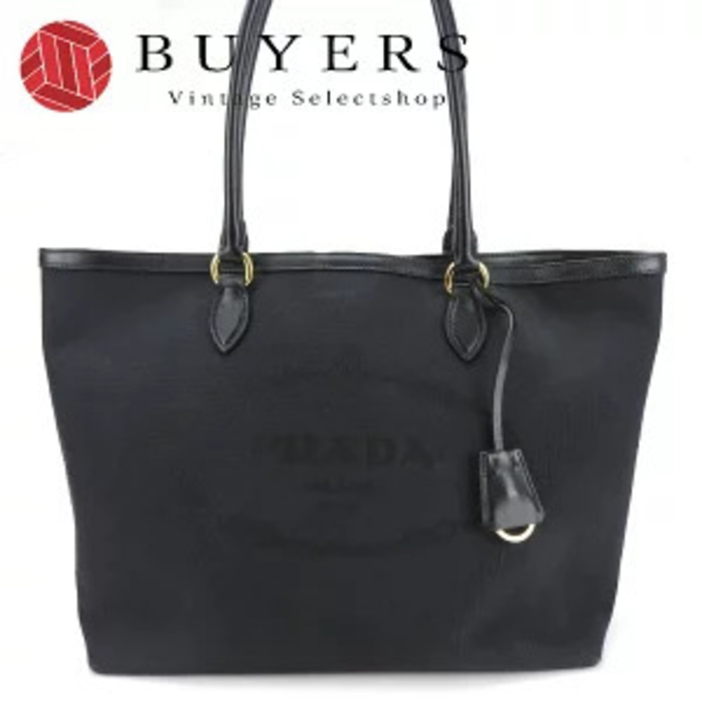 Prada Tote Bag Shoulder Logo Jacquard Canvas Leather Black Nero Black